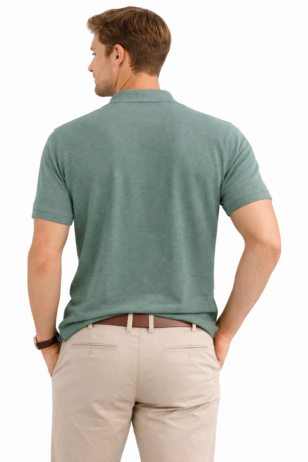 Back view of Dare Wolf sage green mandarin collar t-shirt