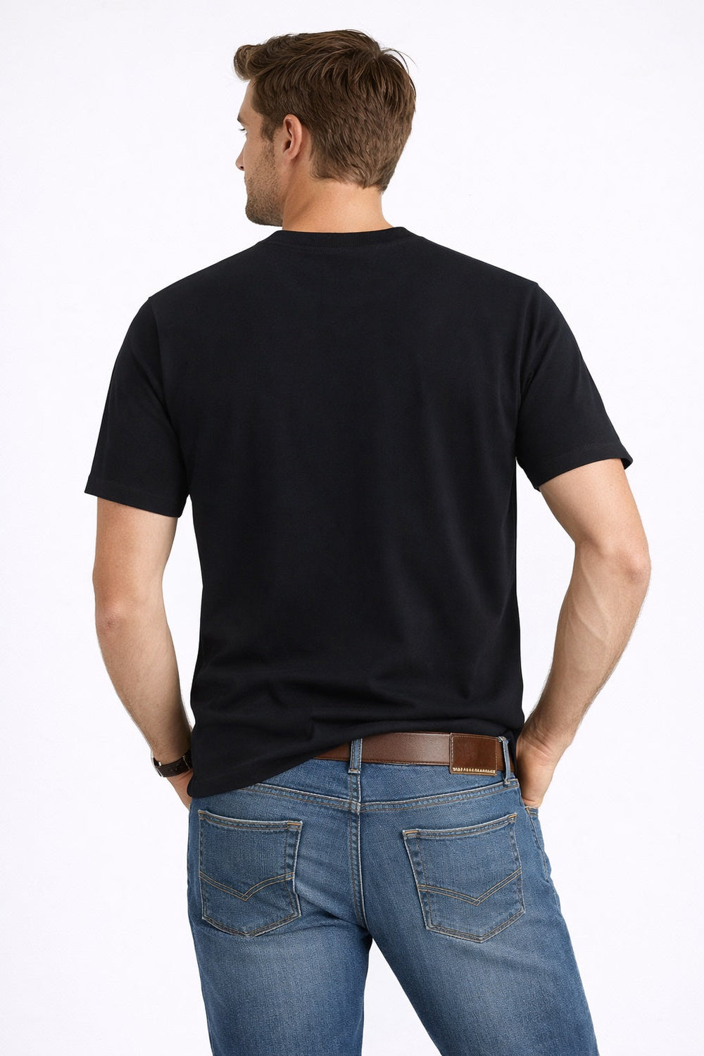 Back view of Dare Wolf black pink vertical panel round neck t-shirt