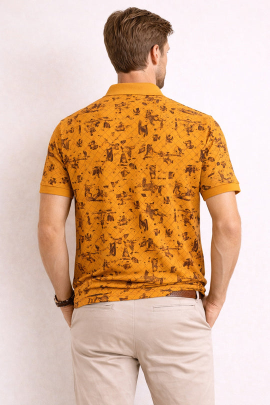 Back view of Dare Wolf mustard yellow graphic print polo t-shirt