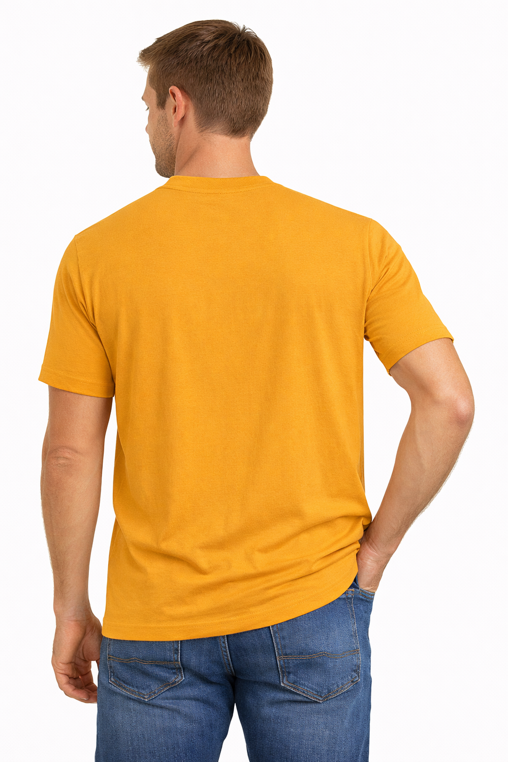 Back view of Dare Wolf solid yellow round neck t-shirt