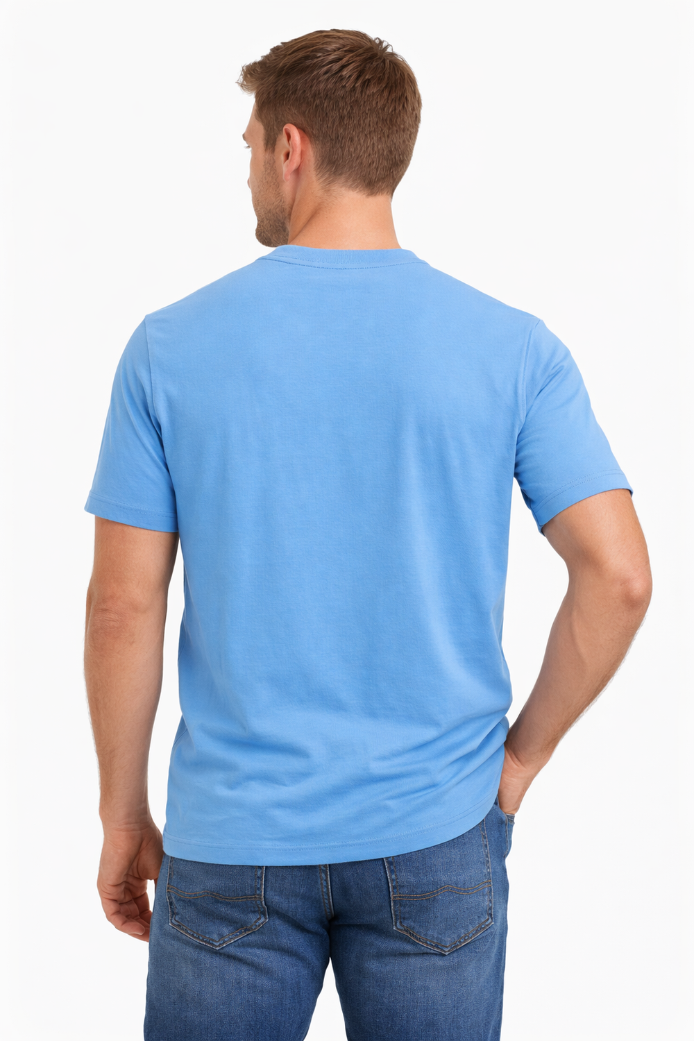 Back view of Dare Wolf solid blue round neck t-shirt