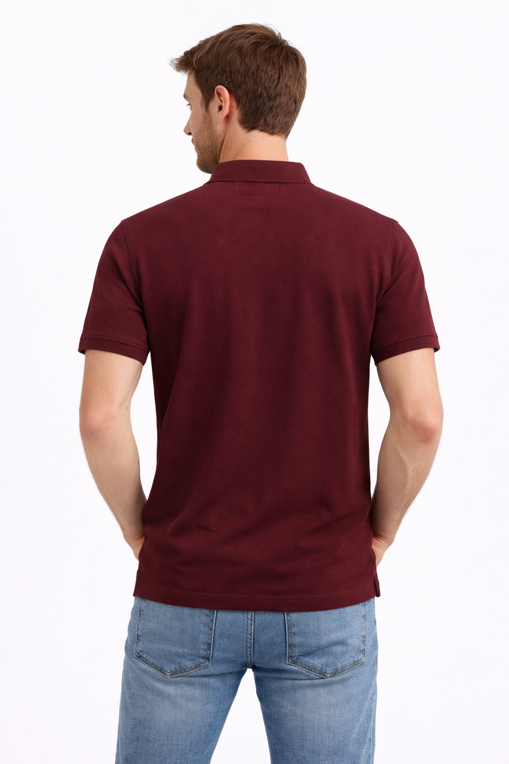 Back view of Dare Wolf solid maroon polo t-shirt