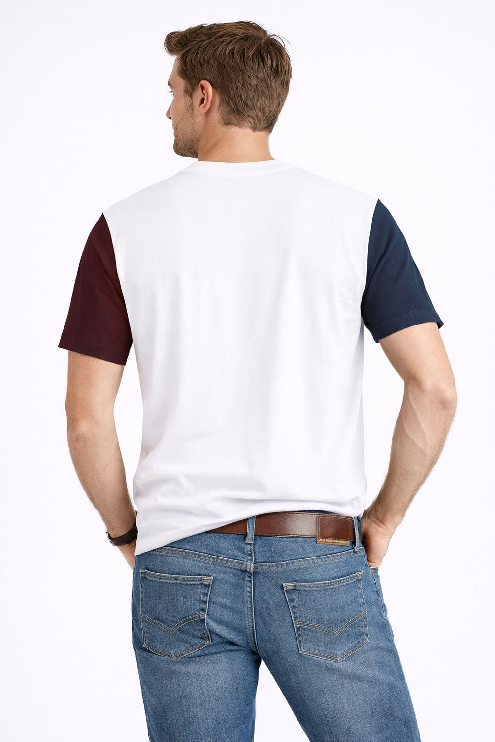 Back view of Dare Wolf maroon diagonal panel round neck t-shirt