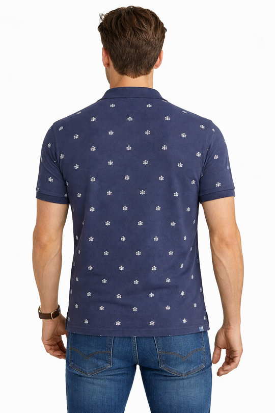 Back view of Dare Wolf navy blue minimal print polo t-shirt