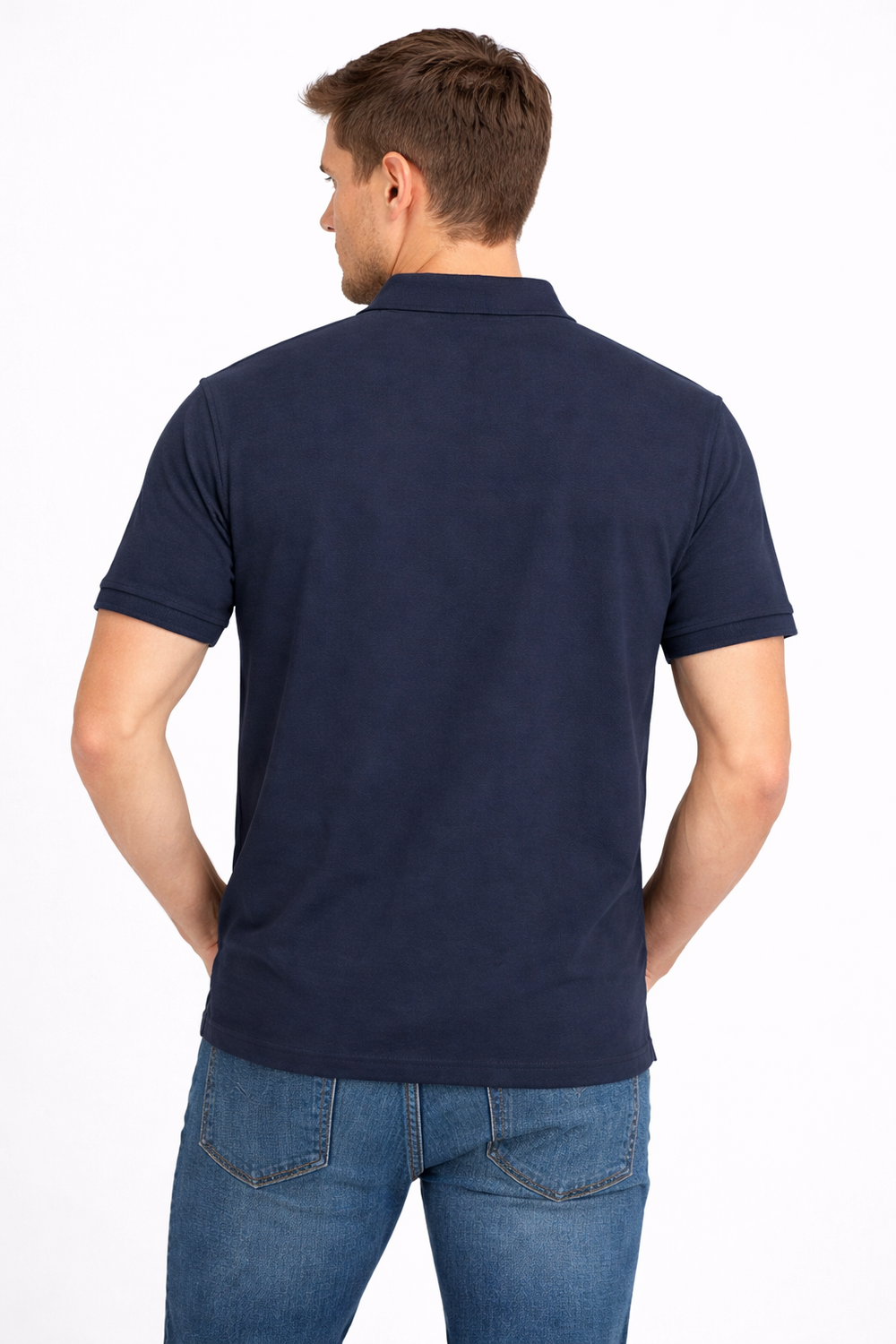 Back view of Dare Wolf navy side-panel cut & sew polo t-shirt
