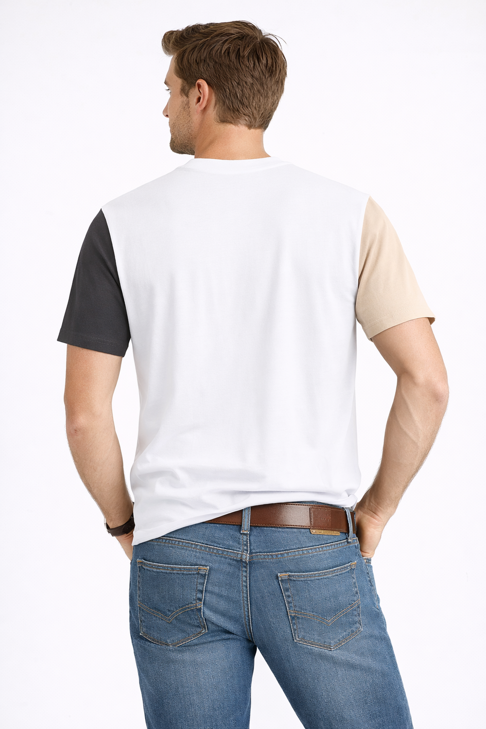 Back view of Dare Wolf beige charcoal diagonal panel round neck t-shirt