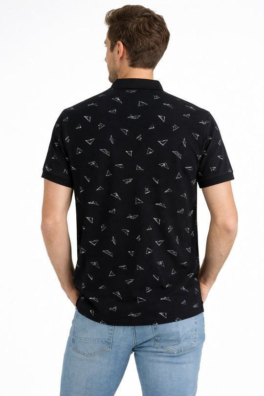 Back view of Dare Wolf black geometric all-over print polo t-shirt