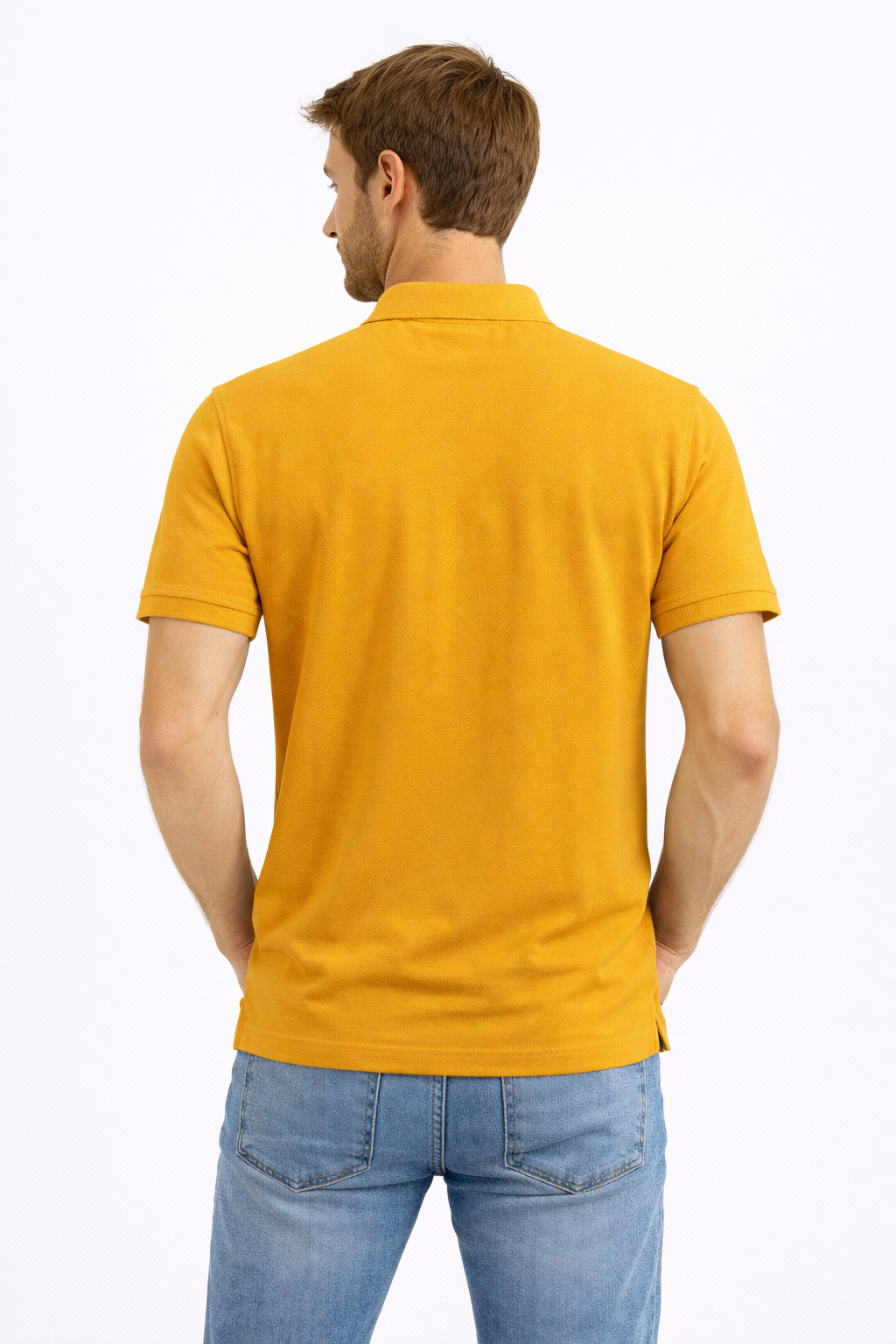 Back view of Dare Wolf solid mustard yellow polo t-shirt