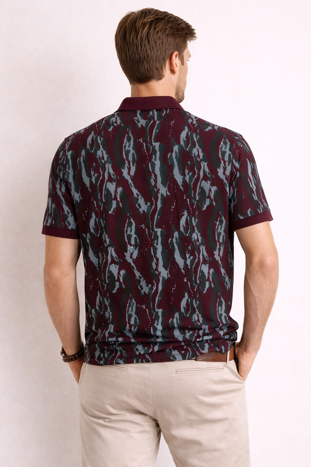 Back view of Dare Wolf maroon abstract print polo t-shirt
