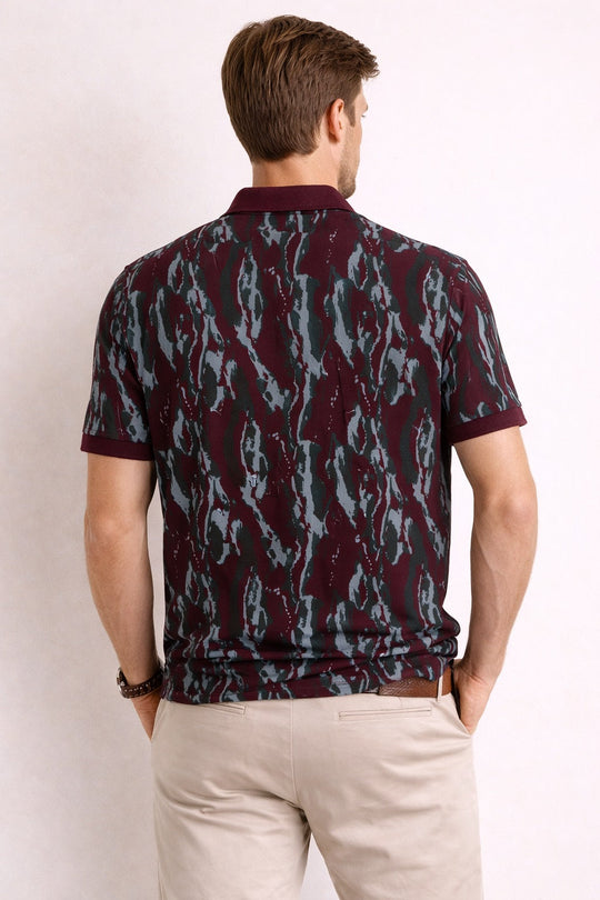 Back view of Dare Wolf maroon abstract print polo t-shirt