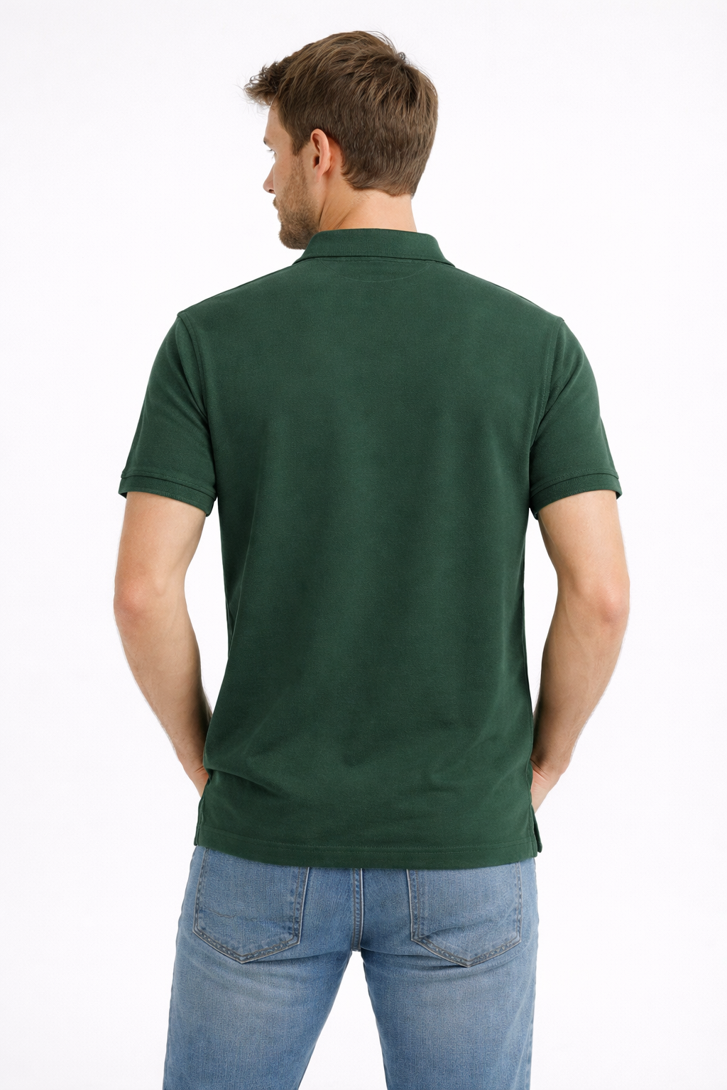 Back view of Dare Wolf solid dark green polo t-shirt