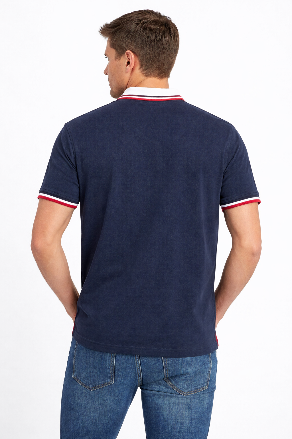 Back view of Dare Wolf navy diagonal color-block cut & sew polo t-shirt
