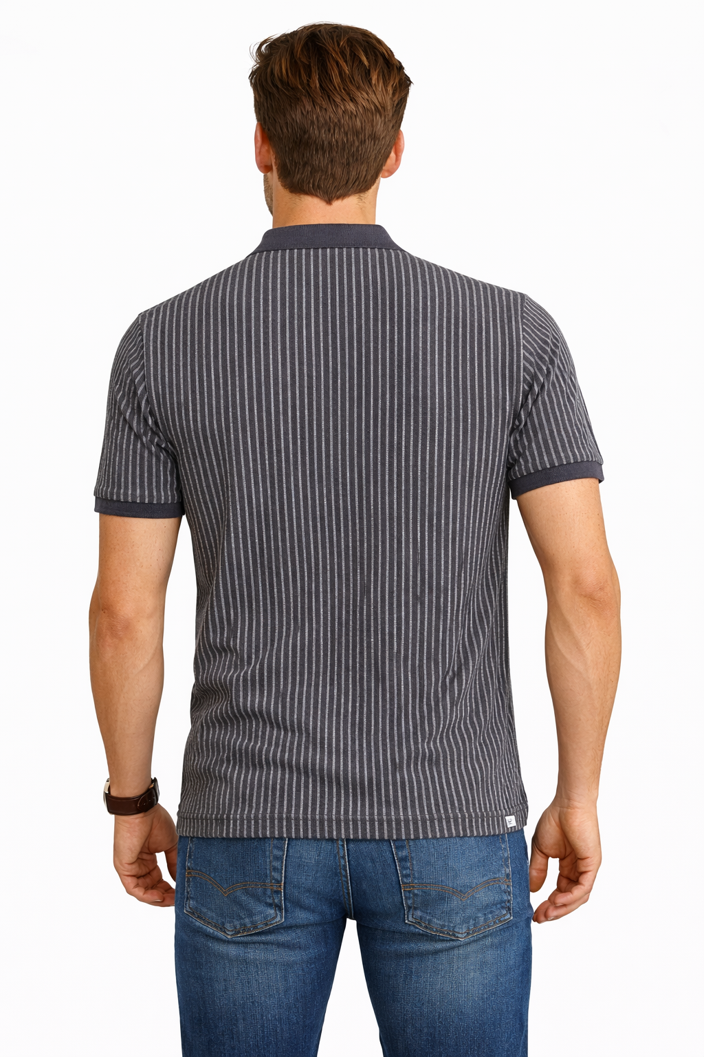 Back view of Dare Wolf charcoal grey jacquard polo t-shirt
