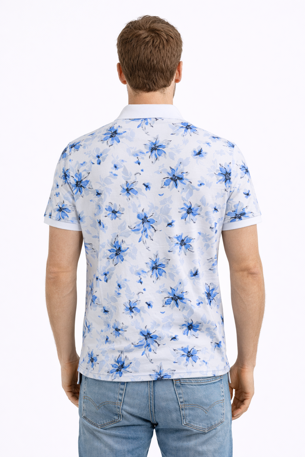 Back view of Dare Wolf white blue floral print polo t-shirt