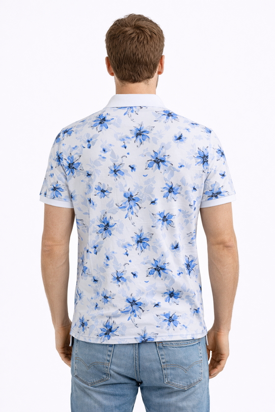 Back view of Dare Wolf white blue floral print polo t-shirt