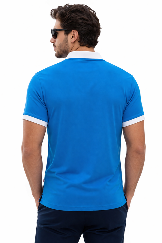 Back view of Dare Wolf sky blue striped cut & sew polo t-shirt