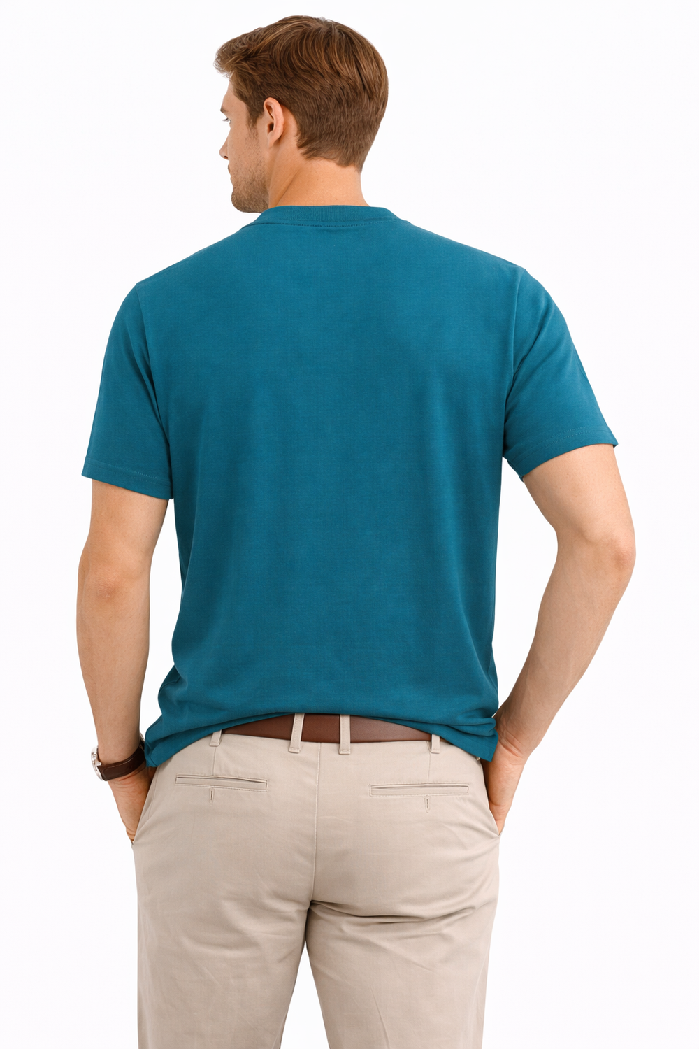 Back view of Dare Wolf teal and maroon color-block round neck t-shirt
