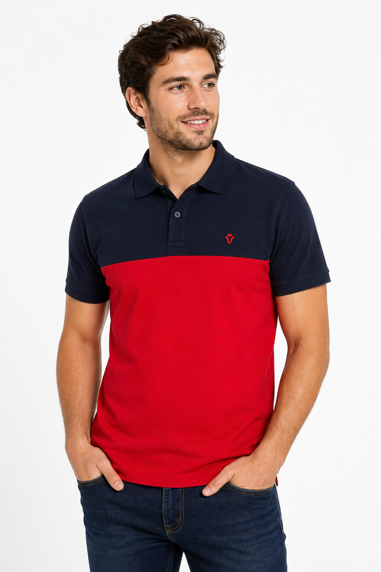 Front view of Dare Wolf black and red color-block cut & sew polo t-shirt