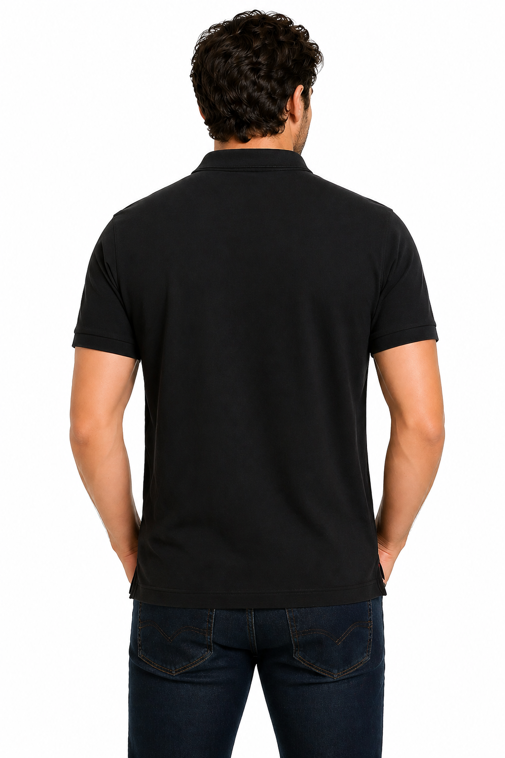 Back view of Dare Wolf black and red color-block cut & sew polo t-shirt
