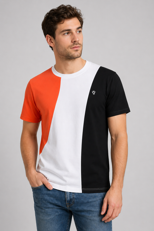 Front view of Dare Wolf orange, white and black diagonal panel round neck t-shirt