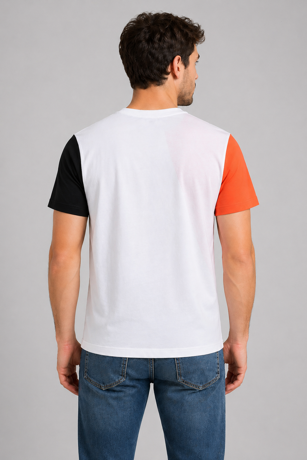 Back view of Dare Wolf orange diagonal panel round neck t-shirt