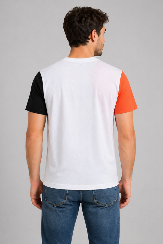 Back view of Dare Wolf orange diagonal panel round neck t-shirt