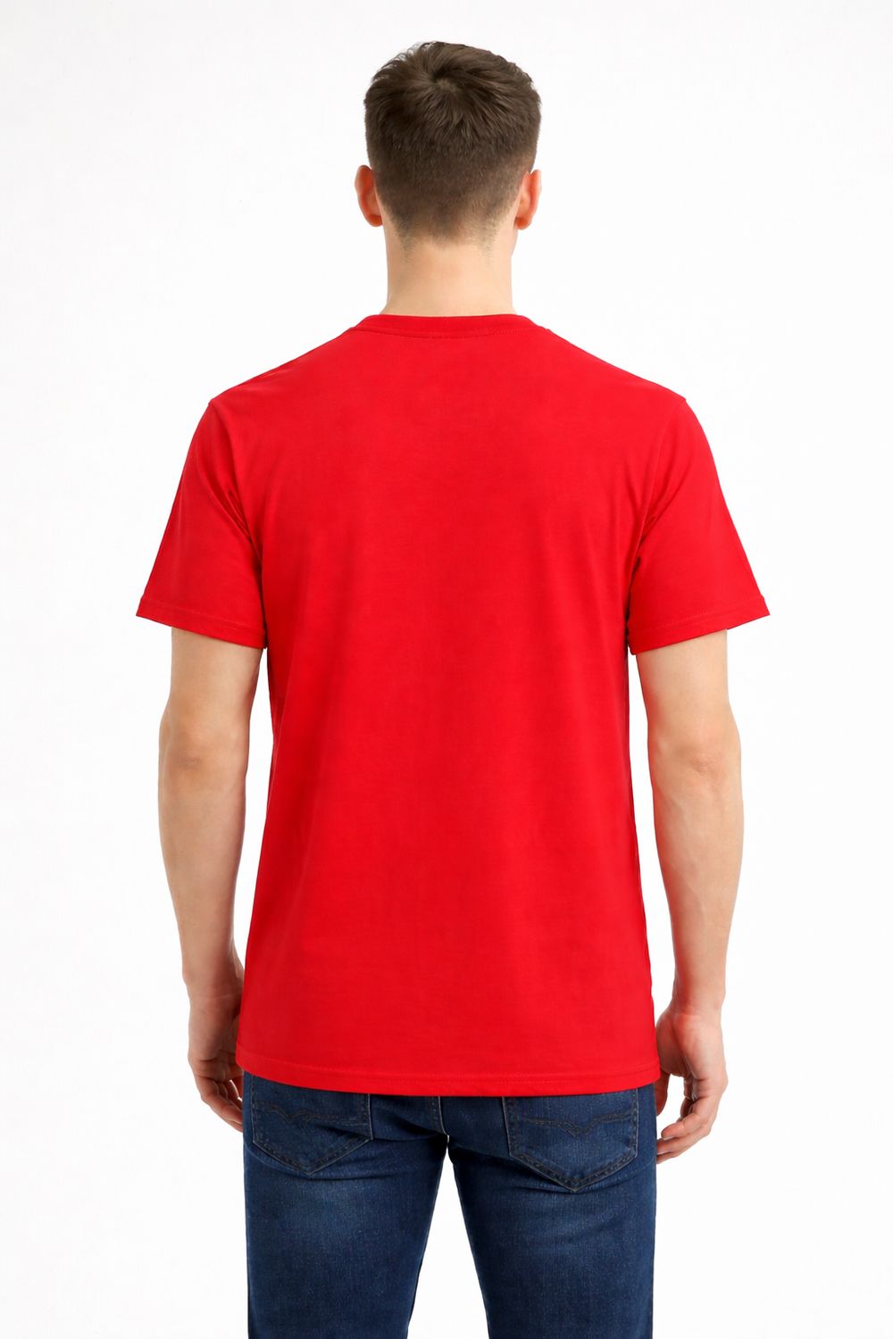 Back view of Dare Wolf red black horizontal panel round neck t-shirt