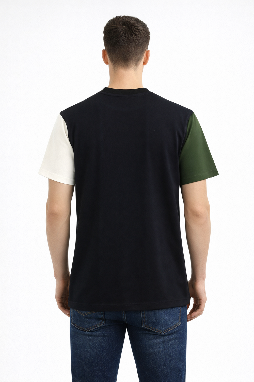 Back view of Dare Wolf green and black color-block round neck t-shirt