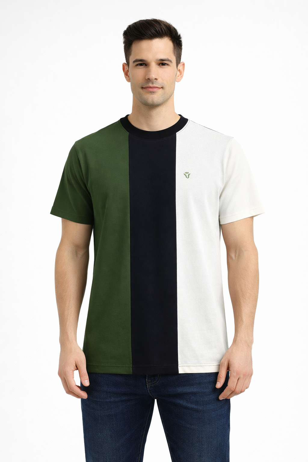 Front view of Dare Wolf green, black and off-white color-block round neck t-shirt