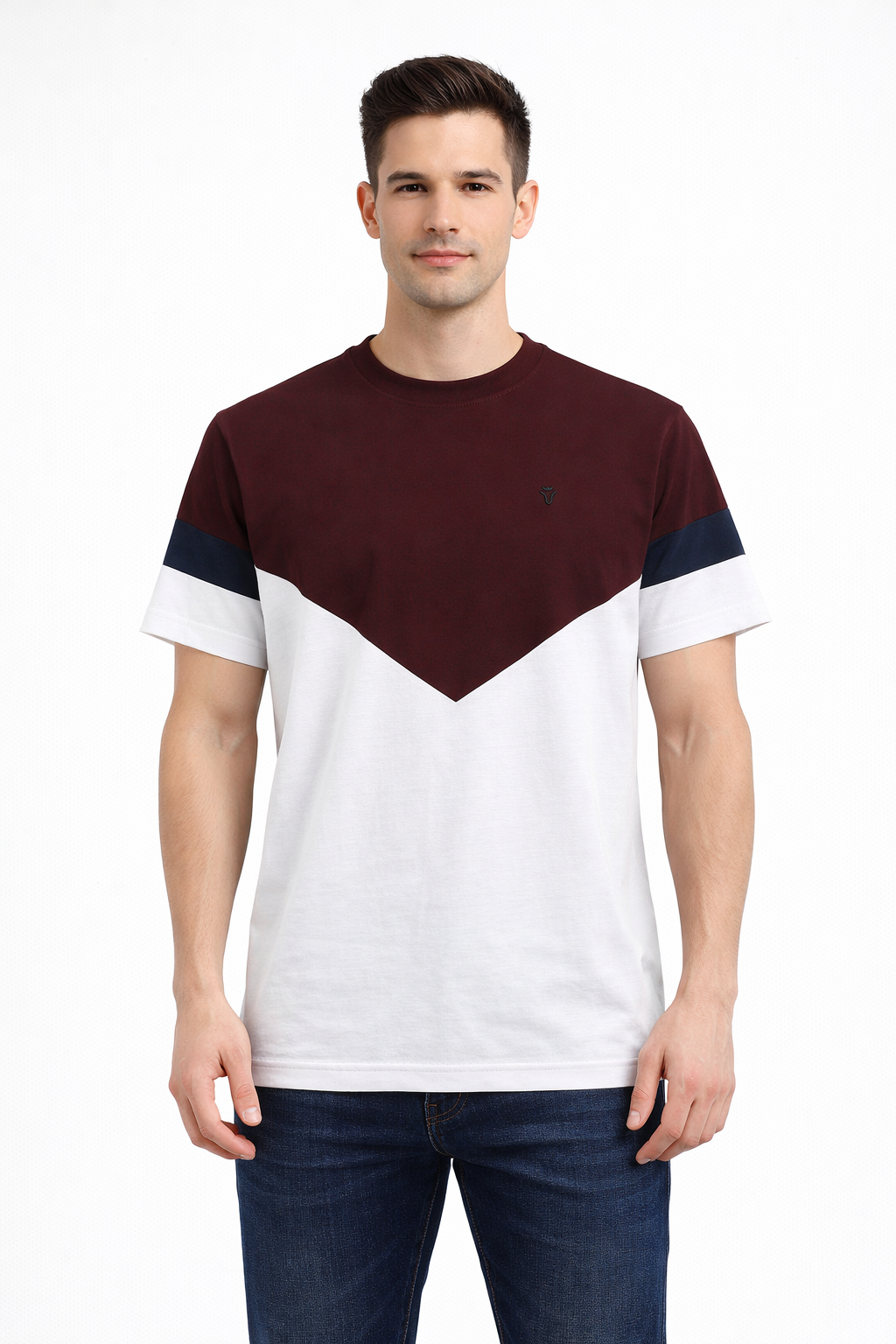 Front view of Dare Wolf maroon, navy and white V-panel round neck t-shirt