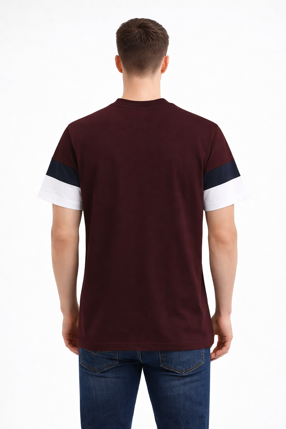 Back view of Dare Wolf maroon V-panel round neck t-shirt