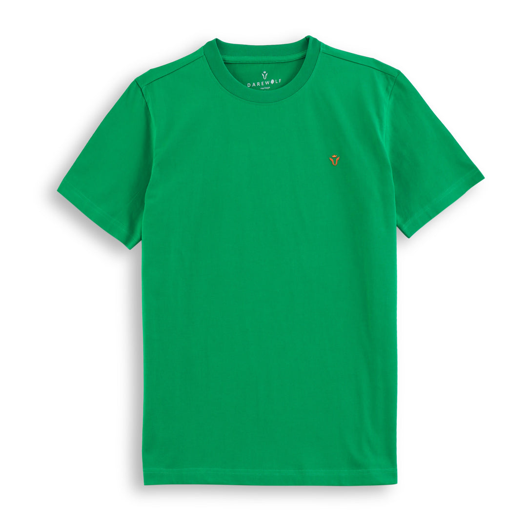 Close-up detail of Dare Wolf green round neck t-shirt collar