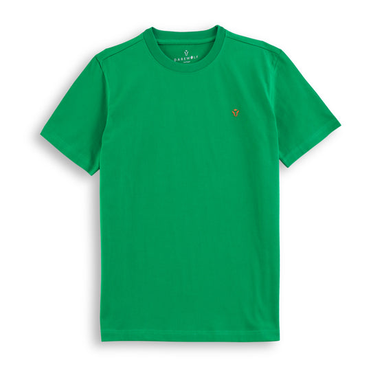 Close-up detail of Dare Wolf green round neck t-shirt collar