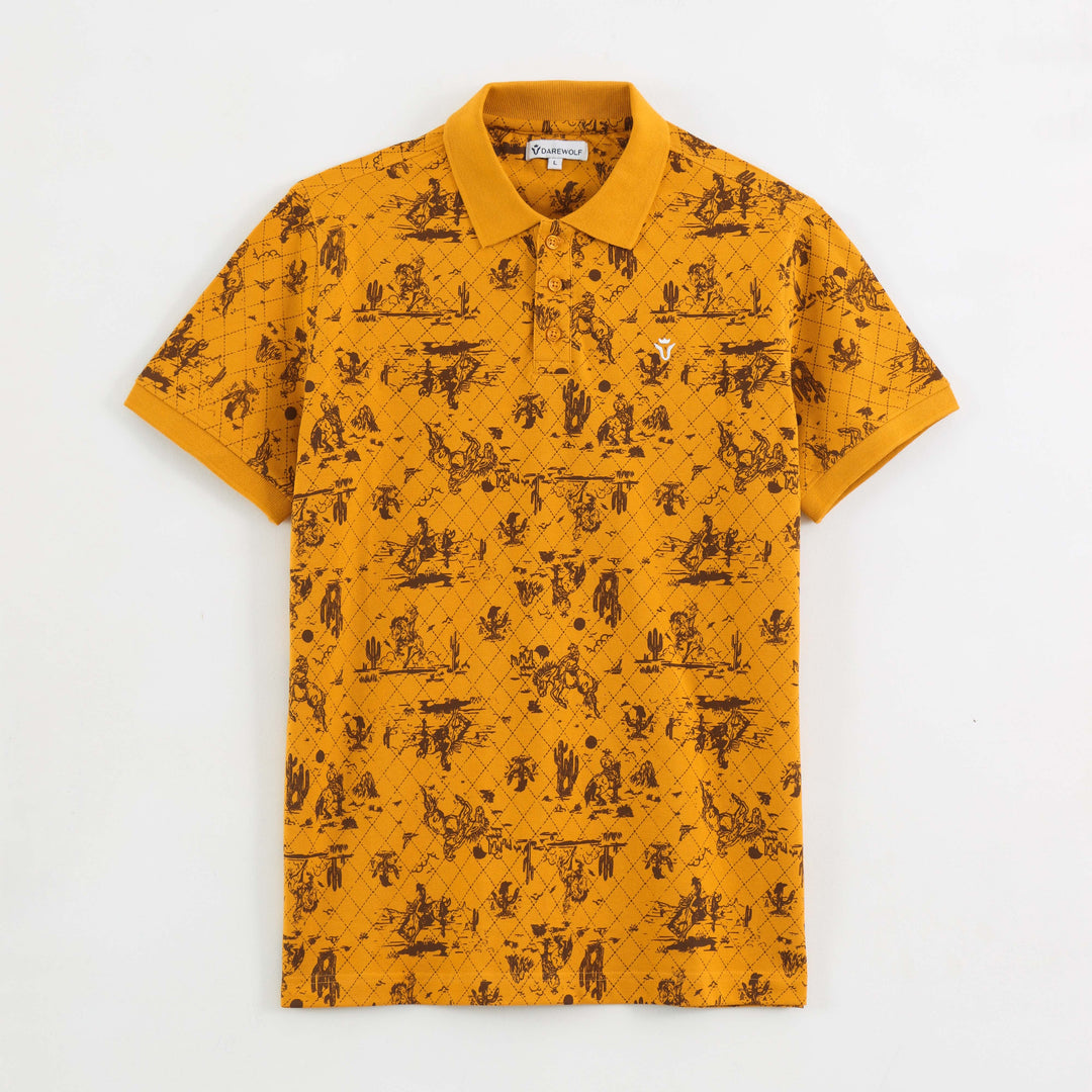 Detail view of mustard yellow graphic print polo t-shirt fabric