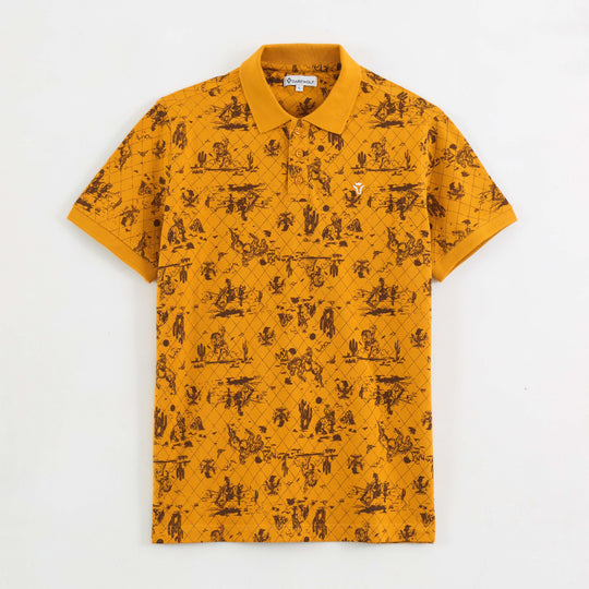 Detail view of mustard yellow graphic print polo t-shirt fabric