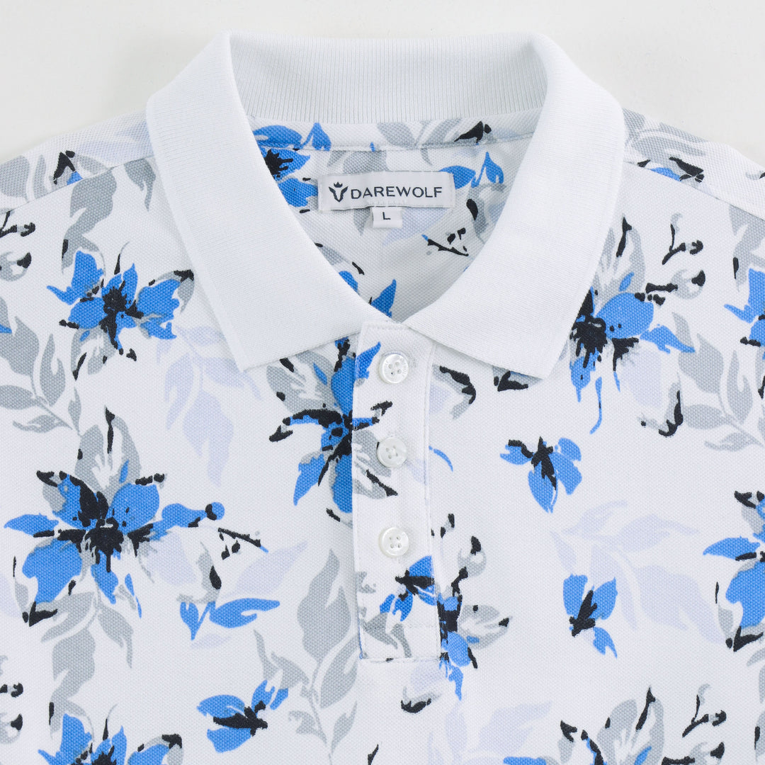 Close-up detail of Dare Wolf white blue floral polo t-shirt collar