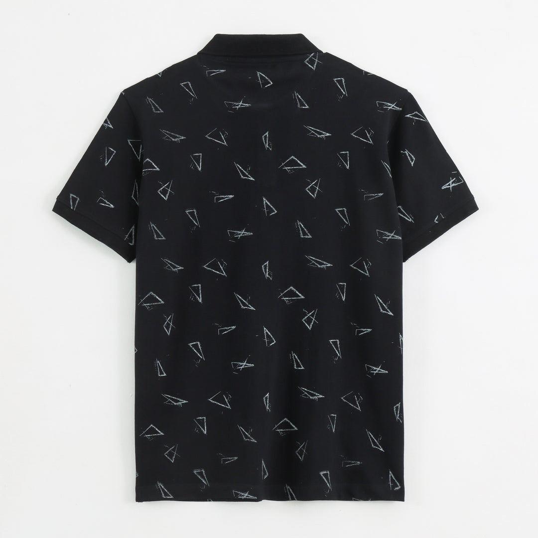 Close-up detail of Dare Wolf black geometric polo t-shirt collar