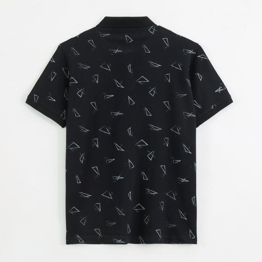 Close-up detail of Dare Wolf black geometric polo t-shirt collar
