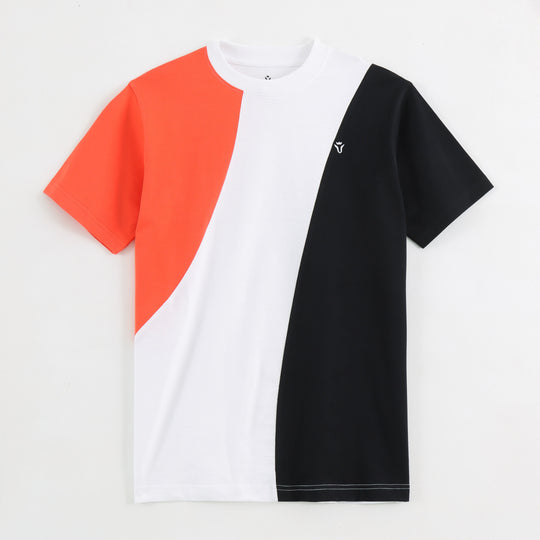 Close-up detail of Dare Wolf orange diagonal round neck t-shirt collar