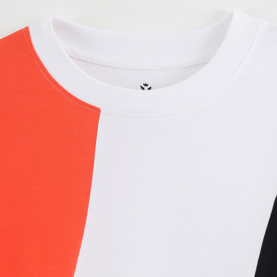 Close-up detail of Dare Wolf orange diagonal round neck t-shirt panel design