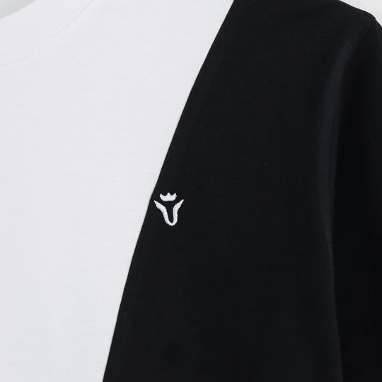 Close-up detail of Dare Wolf orange diagonal round neck t-shirt fabric texture