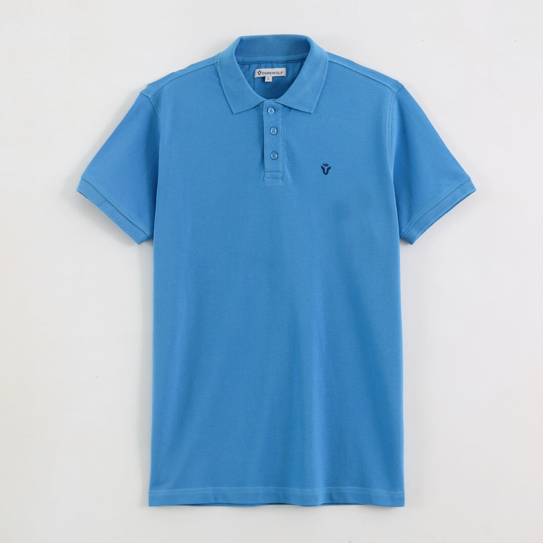 Close-up detail of Dare Wolf blue polo t-shirt collar