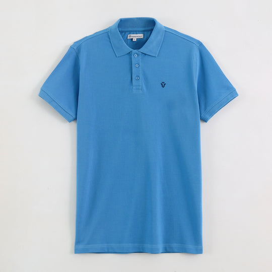 Close-up detail of Dare Wolf blue polo t-shirt collar