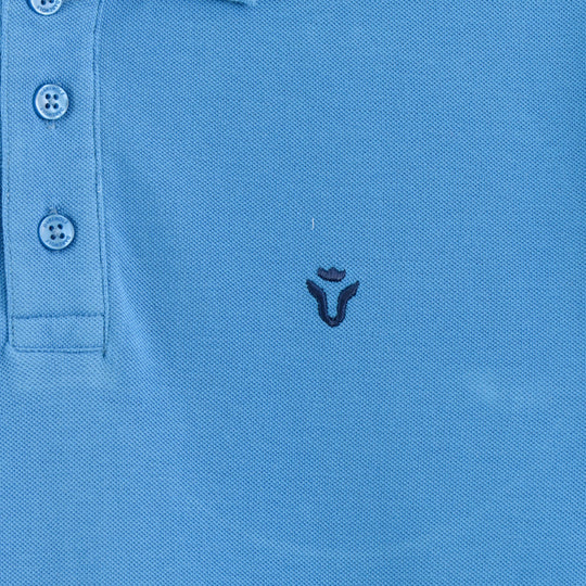 Close-up detail of Dare Wolf blue polo t-shirt fabric texture