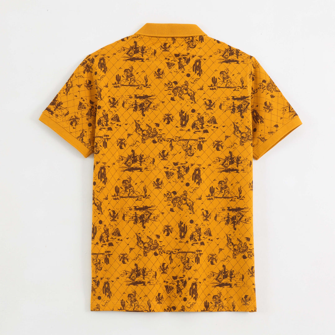 Close-up detail of Dare Wolf mustard yellow polo t-shirt collar