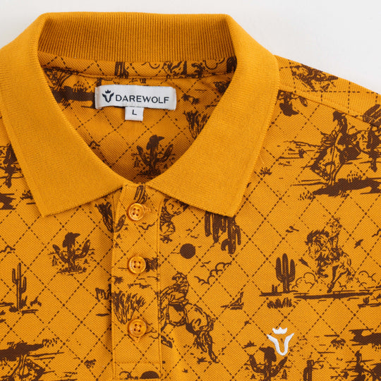 Close-up detail of Dare Wolf mustard yellow polo t-shirt sleeve