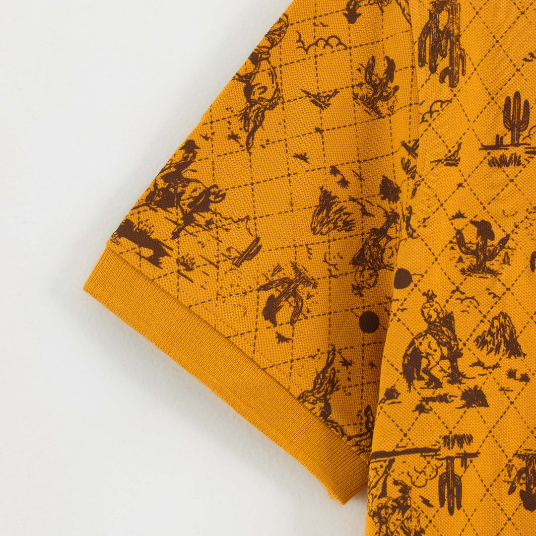 Close-up detail of Dare Wolf mustard yellow polo t-shirt fabric texture