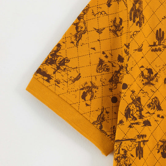 Close-up detail of Dare Wolf mustard yellow polo t-shirt fabric texture