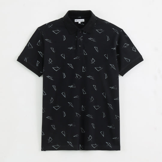Detail view of black geometric all-over print polo t-shirt fabric