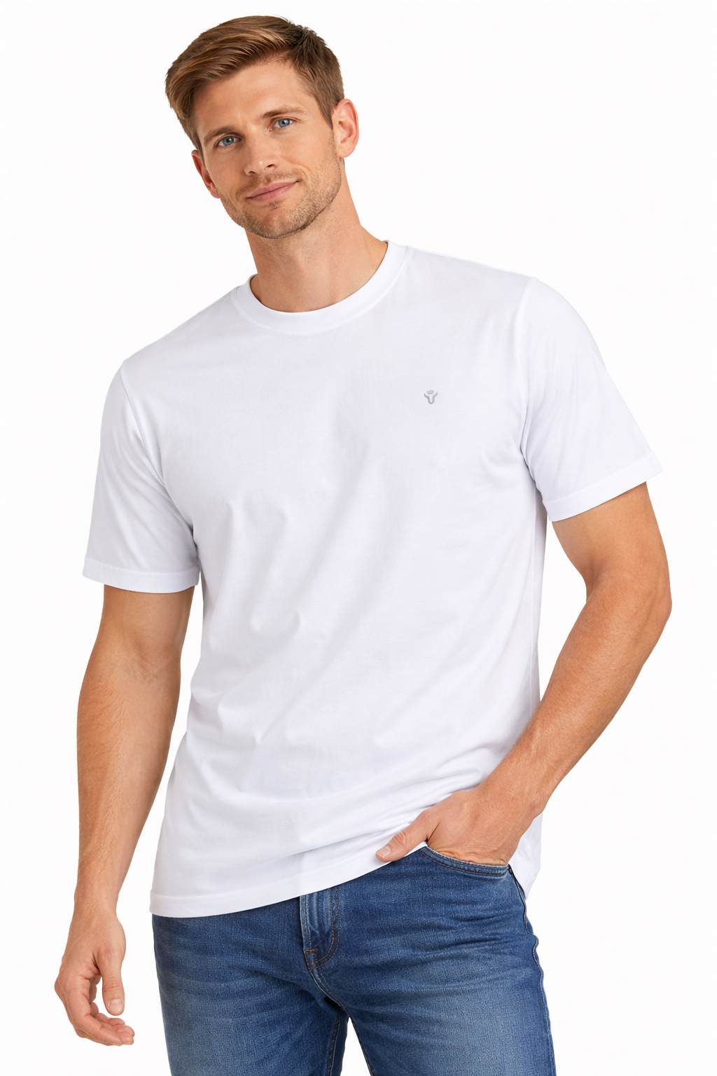 Front view of Dare Wolf solid white round neck t-shirt